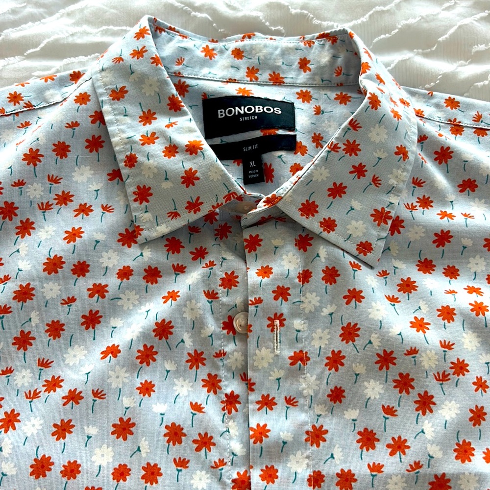 Bonobos slim fit button down shirt light blue with orange and white flowers
